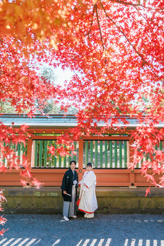 静岡フォトウエディングのフィーノスタイルで撮影した紅葉風景の新郎新婦の記念写真撮影